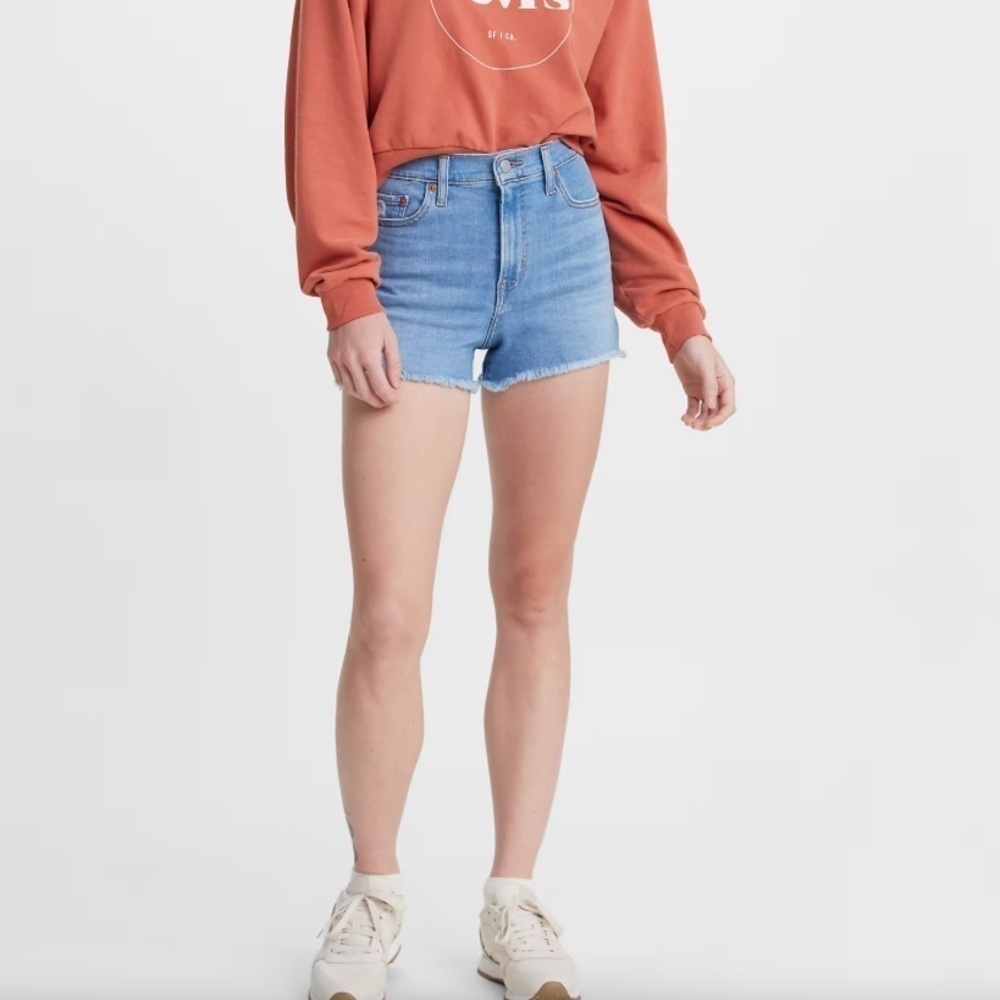 Levi’s Frayed Hem Blue Denim Cutoffs Festival High Waist Stretchy 26 Jean Shorts